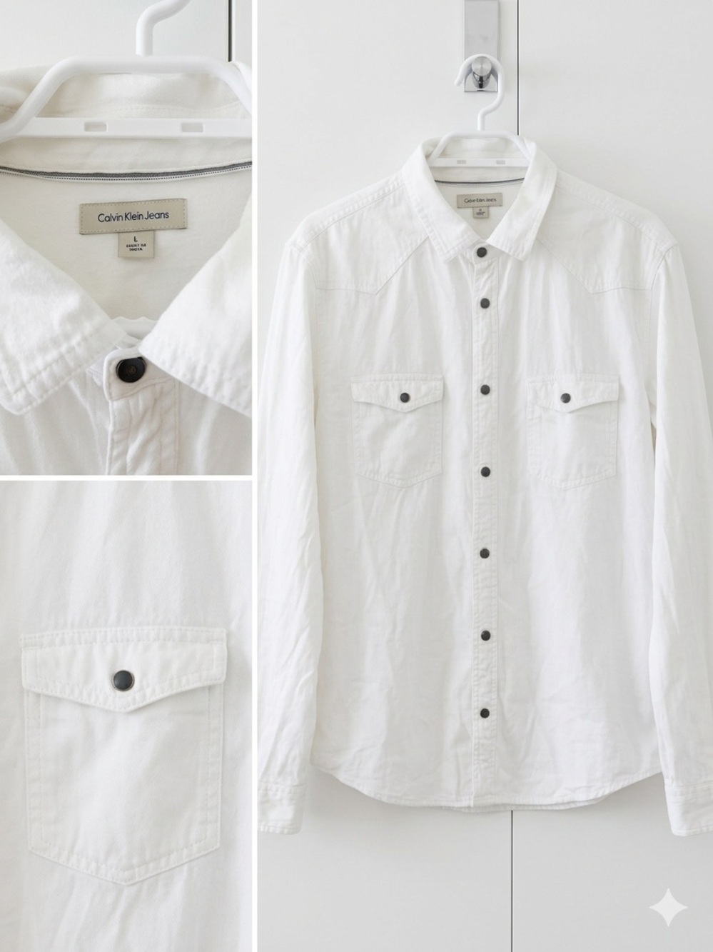 Calvin Klein Jeans White Button Down Western Style Long Sleeve Pocket Flap Shirt